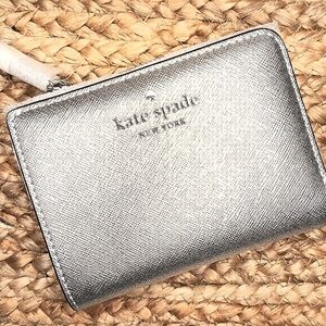 NWT Kate Spade Madison Silver Metallic Saffia Lunar Bifold Wallet Zip Around